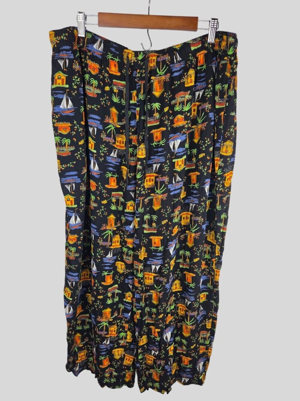 VTG Carole Little 3X Wide Leg Pants Black Tropical Island Print Rayon Drawstring